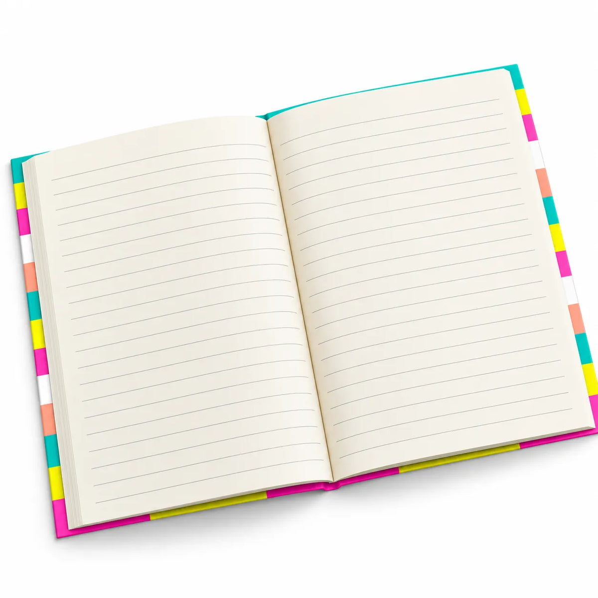 An open lined notebook with cream-colored pages and a colorful striped cover border in pink, yellow, teal, and white, shown on a clean white background.