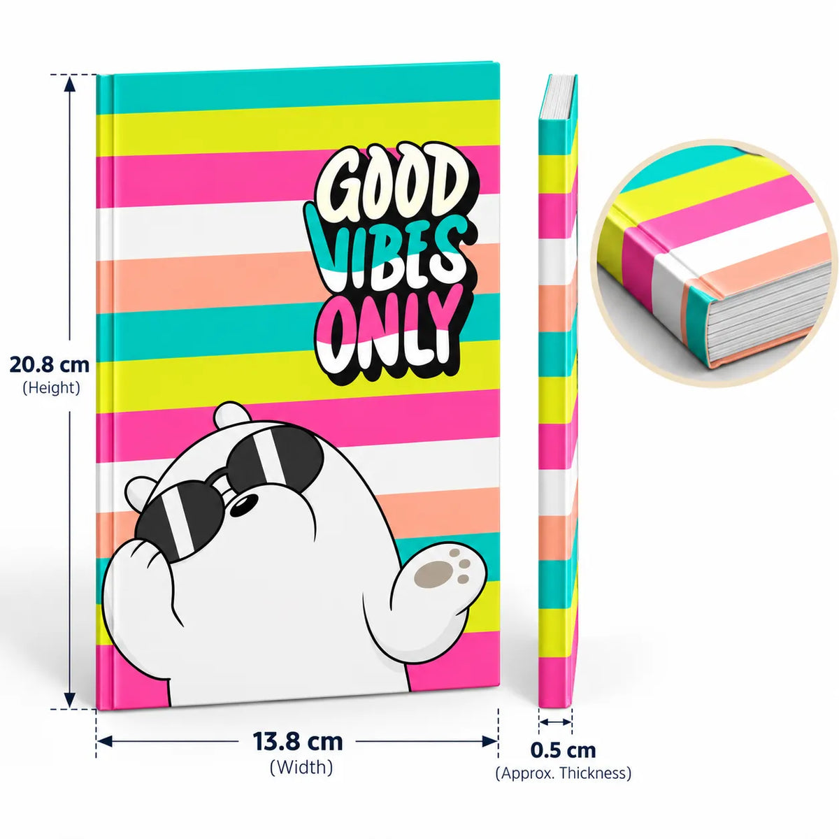 A notebook or journal with a colorful striped cover and a cartoon bear wearing sunglasses, shown with dimension labels: 20.8 cm height, 13.