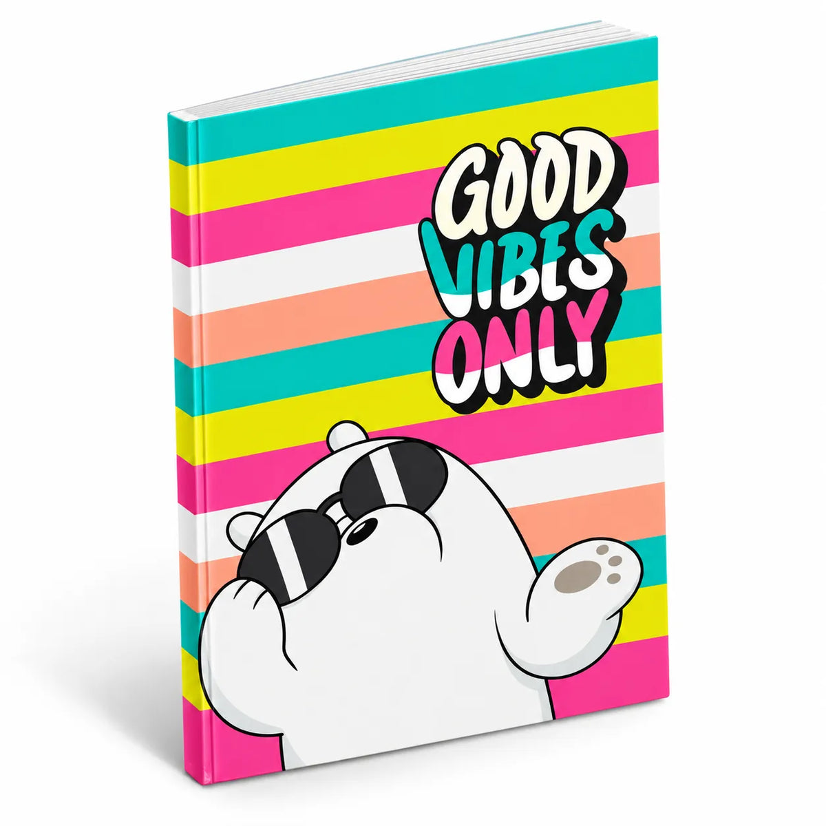 A hardcover notebook featuring a colorful striped cover with pink, yellow, teal, and white horizontal bands. The cover has a cartoon polar bear wearing black sunglasses and the text 'GOOD VIBES ONLY' in bold white, black, and teal lettering.
