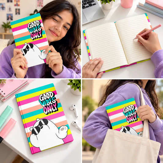 A multiview collage showing a girl in a purple sweatshirt holding a colorful striped notebook with a cartoon character and the text 'GOOD VIBES ONLY'. Other panels show the notebook open on a desk with a pen, closed on a white table with pens, and carried on her shoulder in a beige tote bag.