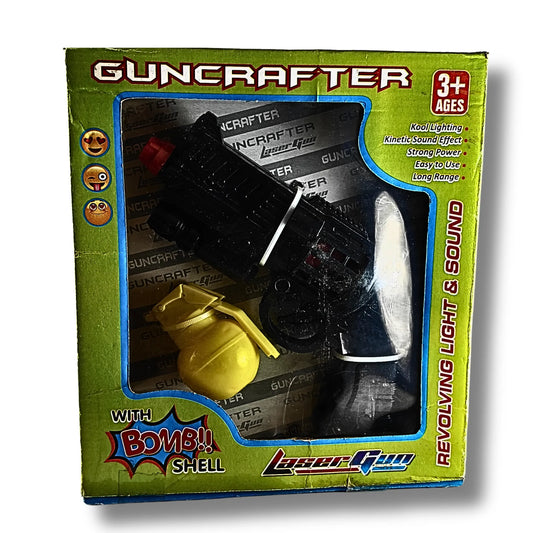 Guncrafter Laser Gun Toy with Light, Sound & Bomb Shell | Battery Operated Toy Gun for Kids | Revolving Light & Sound Action Toy (3+ Years)
