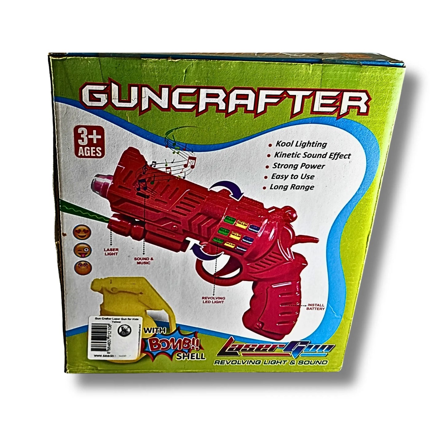 Guncrafter Laser Gun Toy with Light, Sound & Bomb Shell | Battery Operated Toy Gun for Kids | Revolving Light & Sound Action Toy (3+ Years)