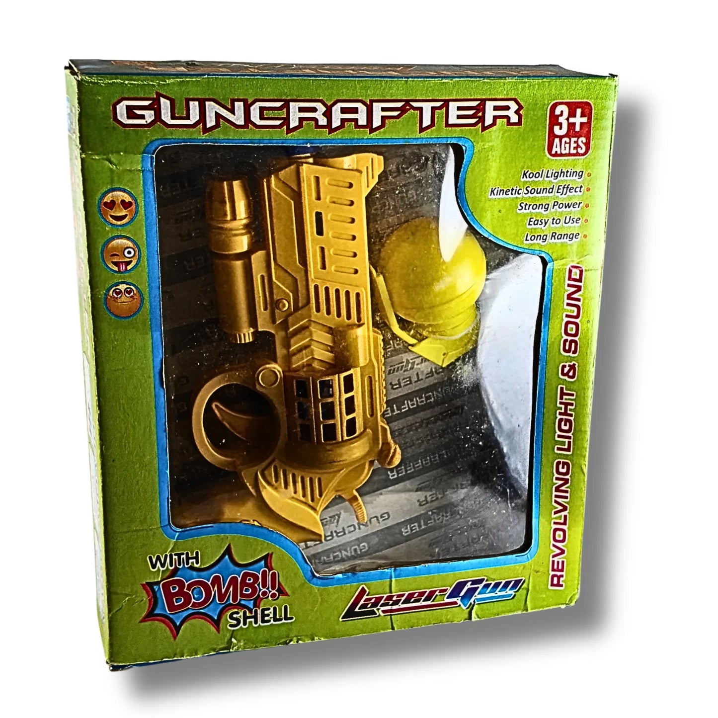 Guncrafter Laser Gun Toy with Light, Sound & Bomb Shell | Battery Operated Toy Gun for Kids | Revolving Light & Sound Action Toy (3+ Years)