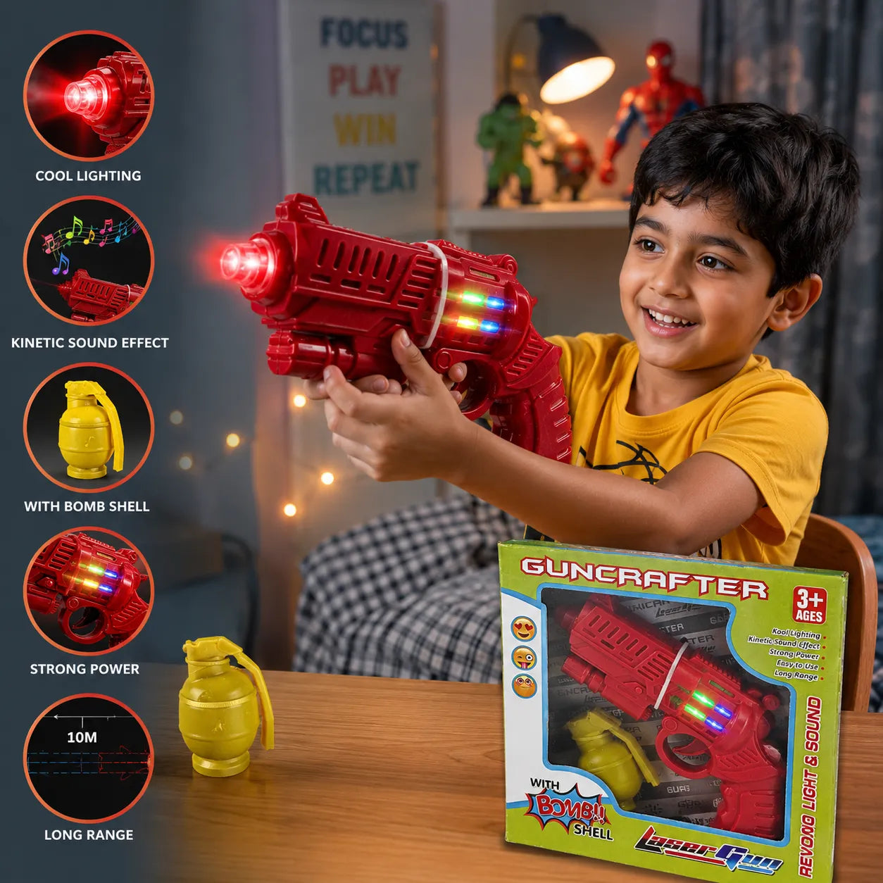 Guncrafter Laser Gun Toy with Light, Sound & Bomb Shell | Battery Operated Toy Gun for Kids | Revolving Light & Sound Action Toy (3+ Years)