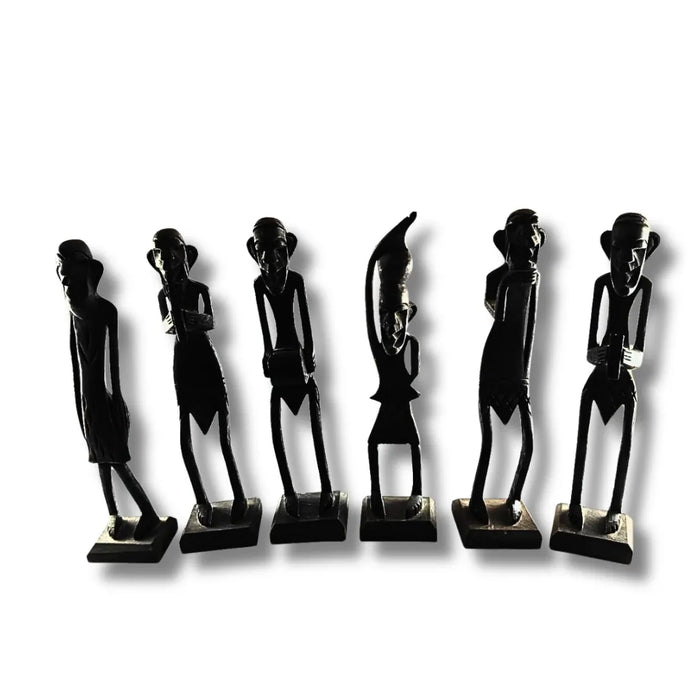 Set of six black figurines on a white background