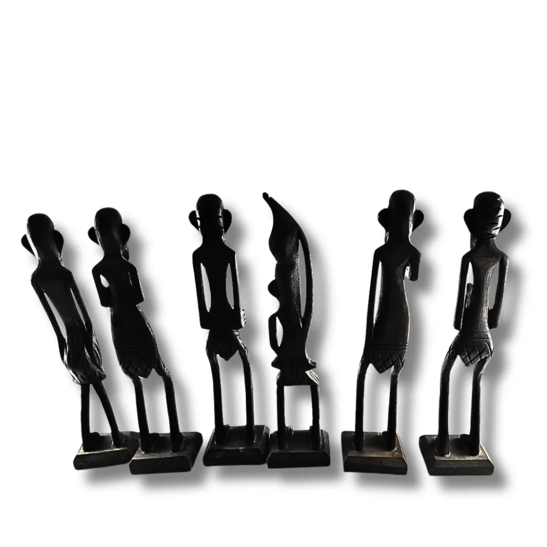 Set of six black figurines on a white background