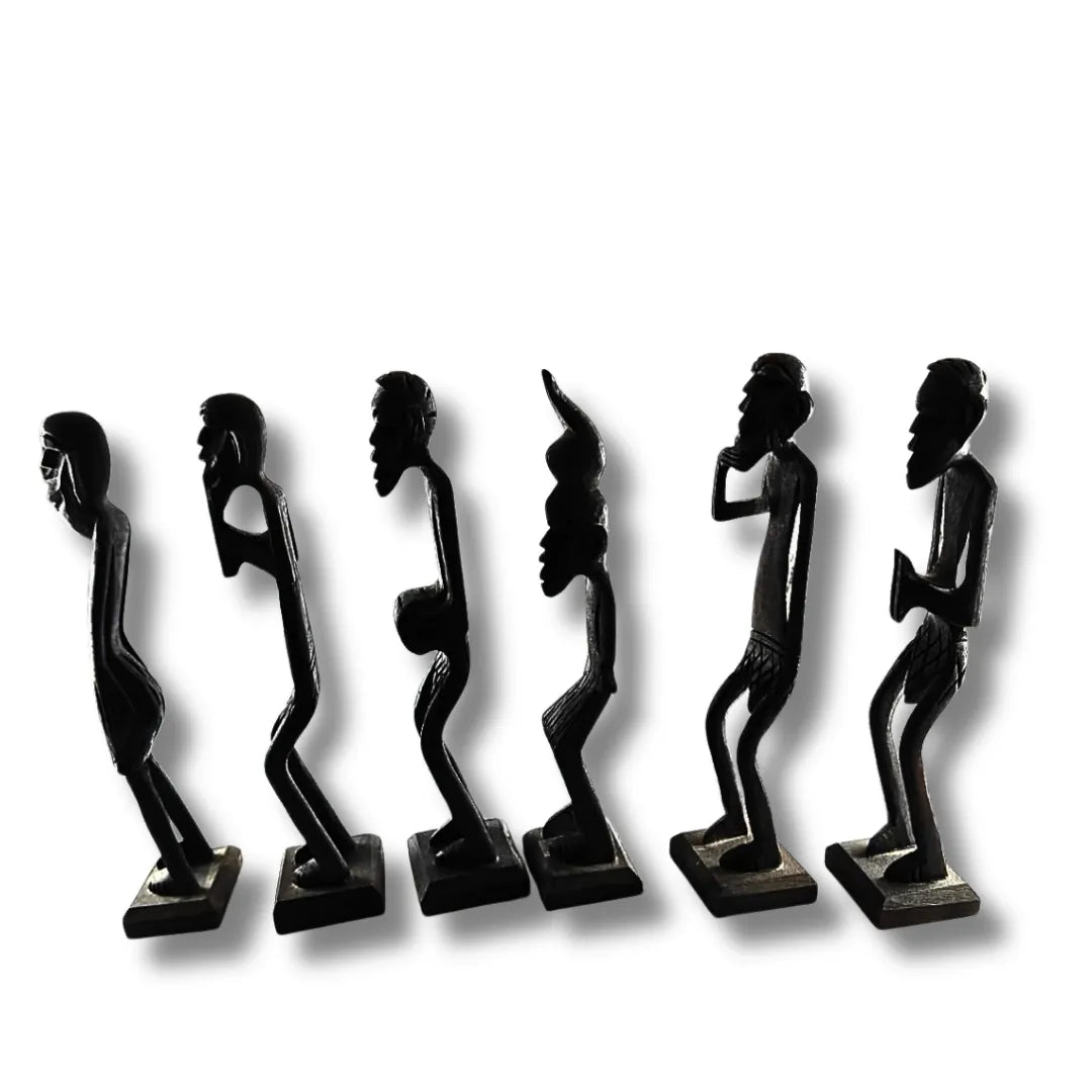 Set of six black silhouette figures on a white background