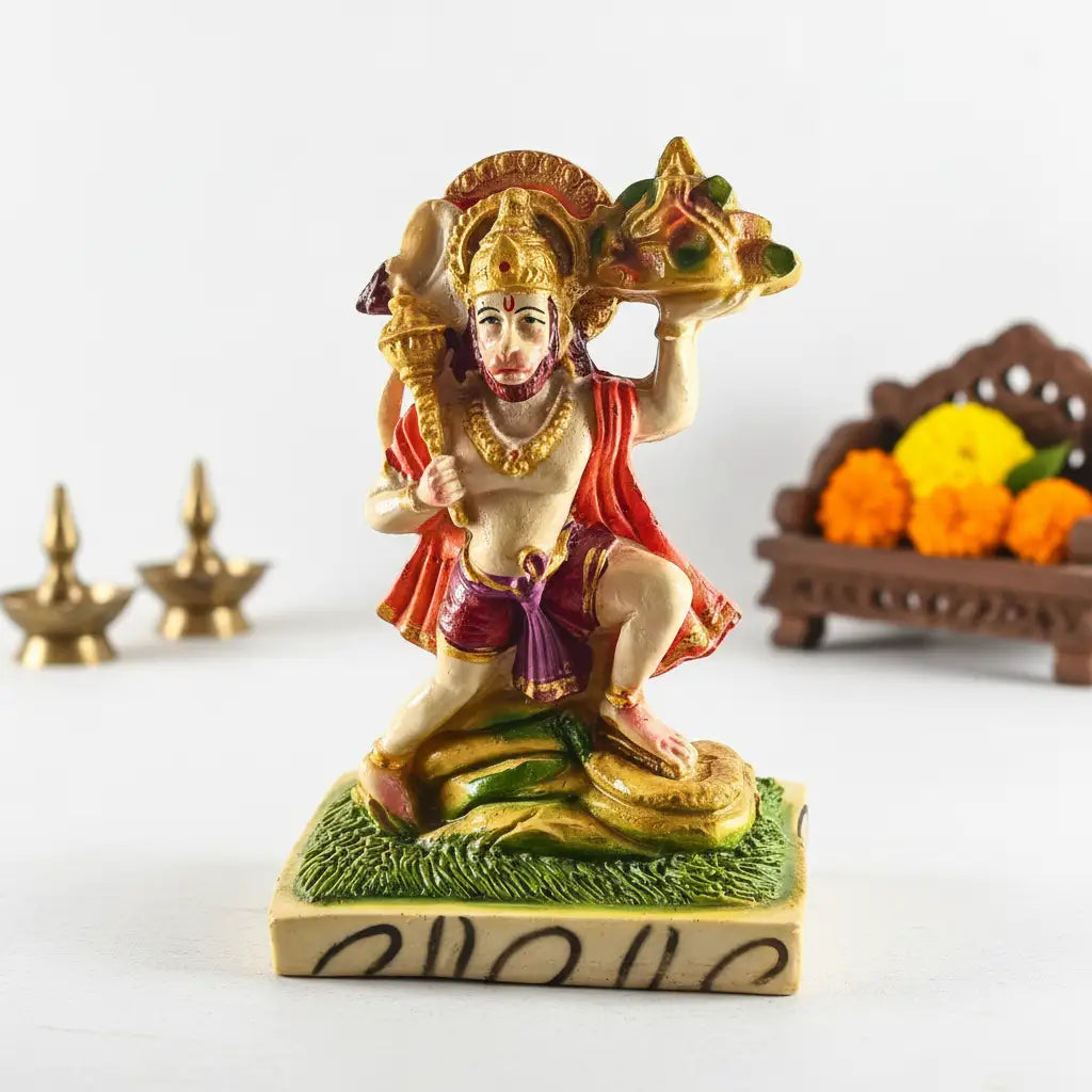 Hanuman Ji with Sanjeevani Mountain Polyresin Idol (16 cm)- Saadhya Decors