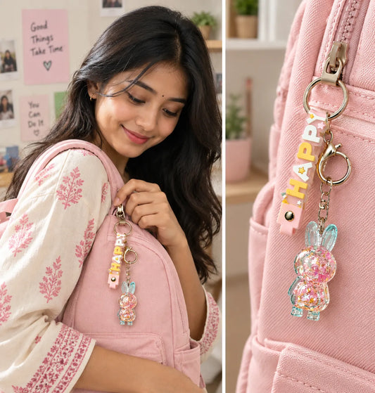 Happy Glitter Bunny Charm Keychain