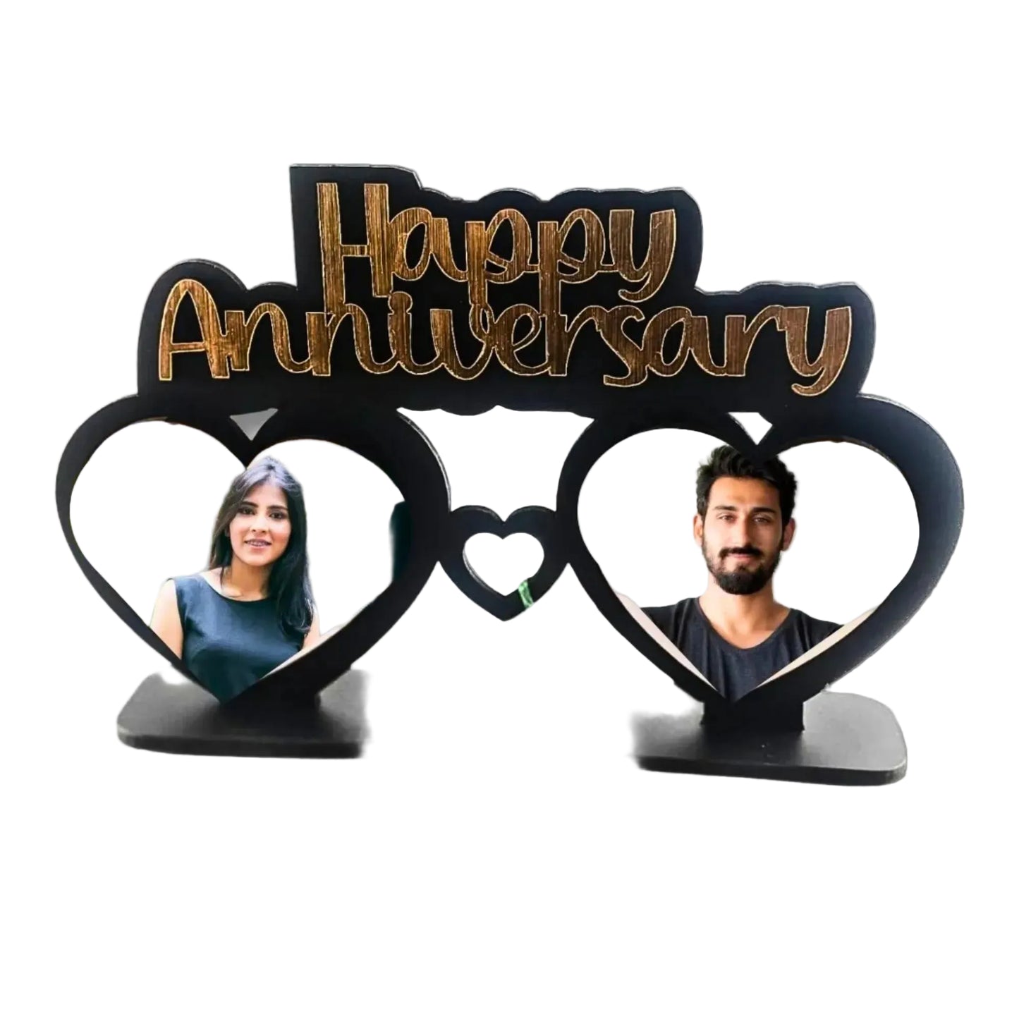 Personalized anniversary photo display with two heart-shaped frames and 'Happy Anniversary' text.