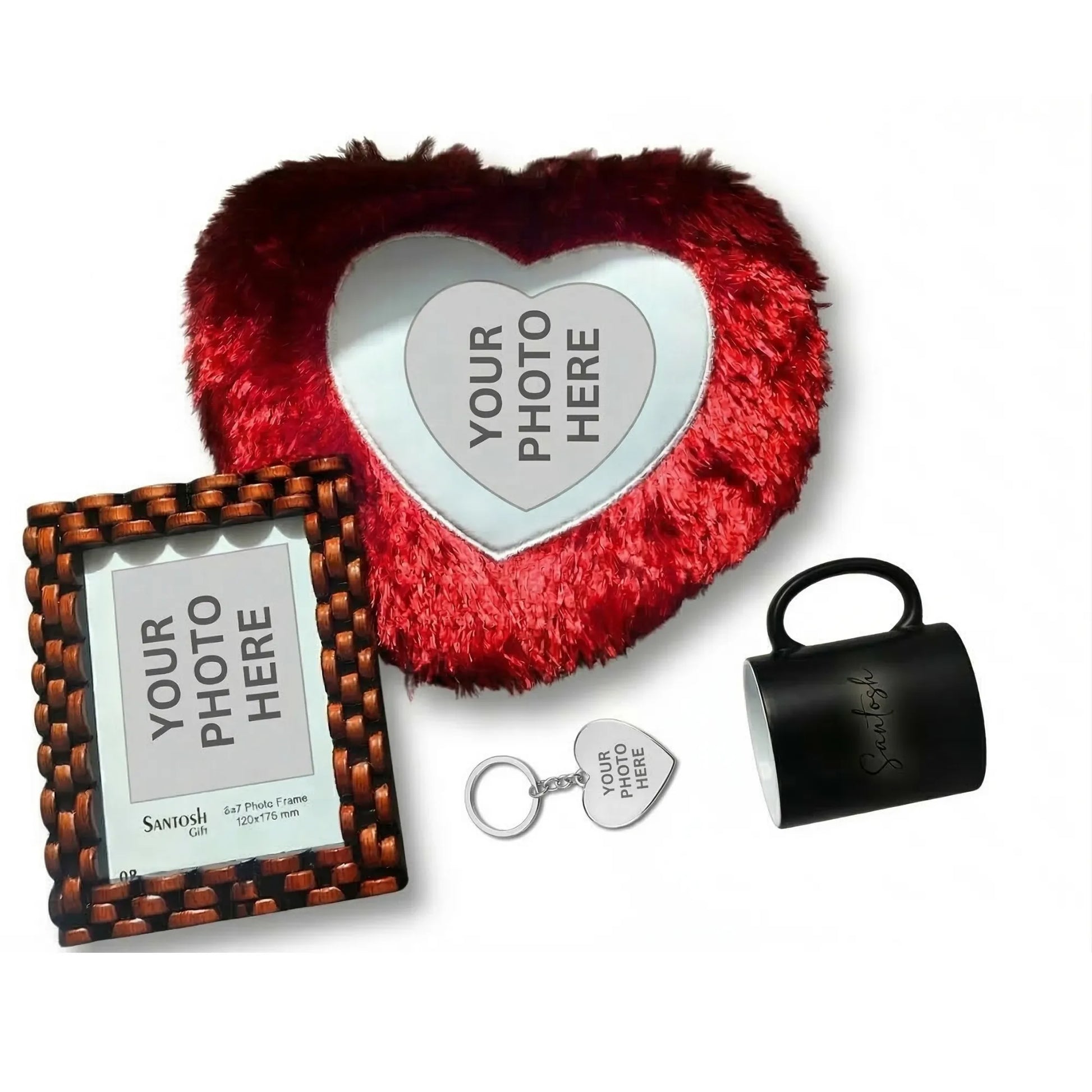 Heart-shaped plush pillow, photo frame, mug, keychain, and pen holder with customizable photo text on a white background.