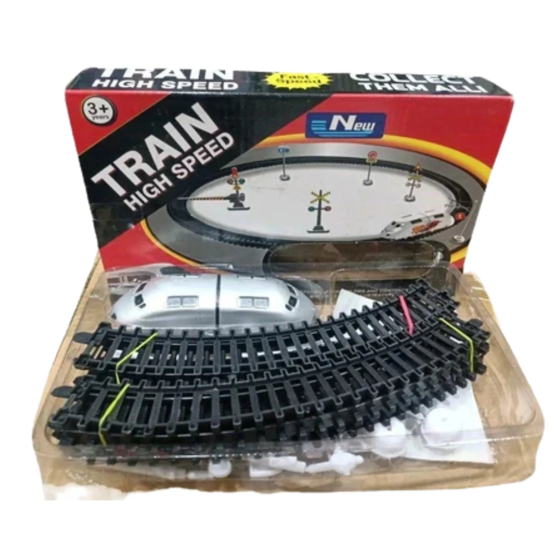 Toy train set with tracks and packaging on a white background