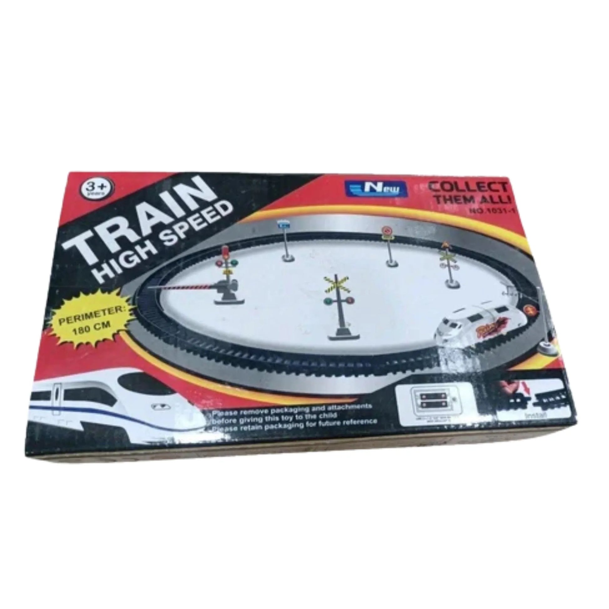 Toy train set packaging with tracks and train on a white background