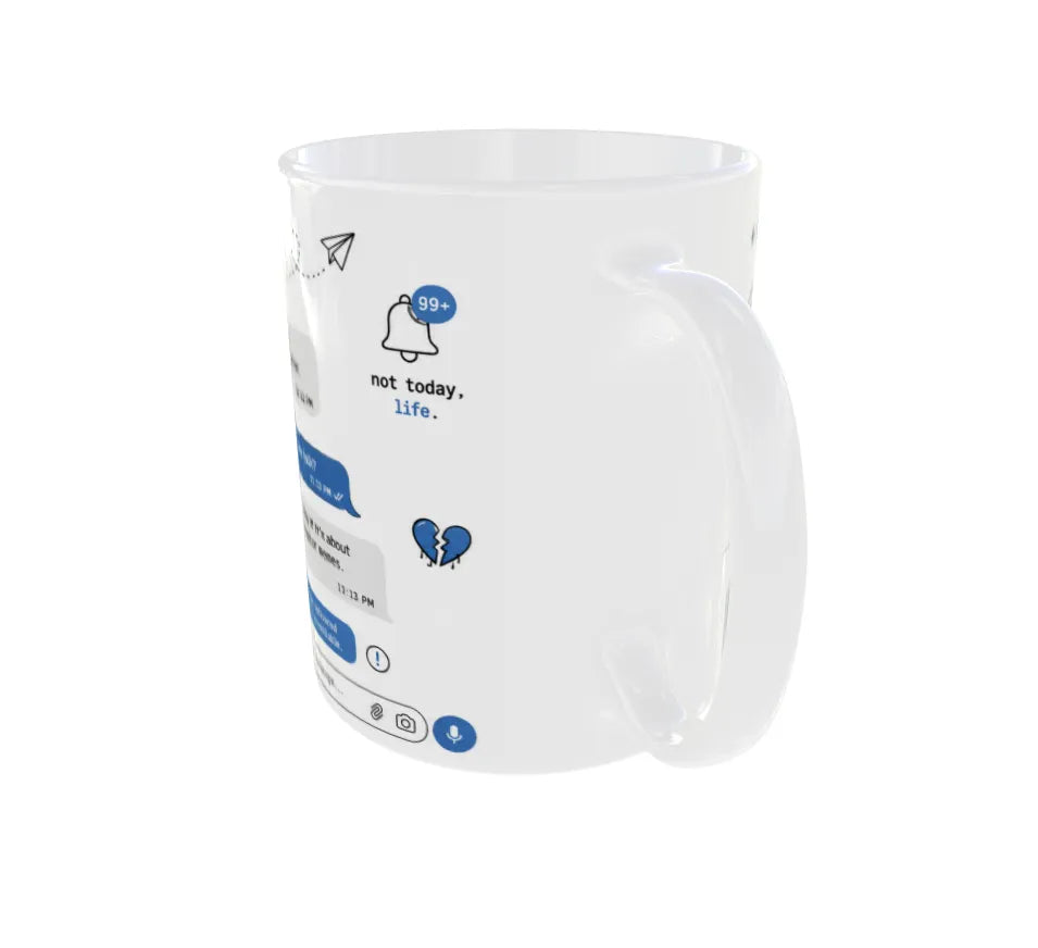 A frosted white ceramic mug with a printed graphic of a text message bubble, a broken heart, and a blue notification badge, shown on a plain white background.