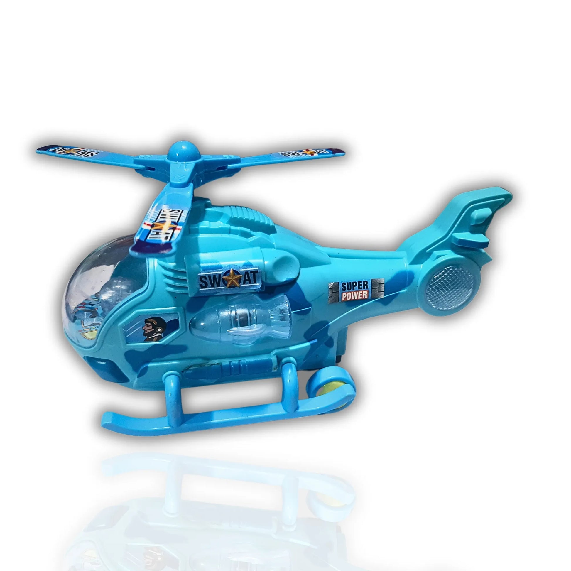 Toy helicopter with blue color and 'SWAT' branding on a white background