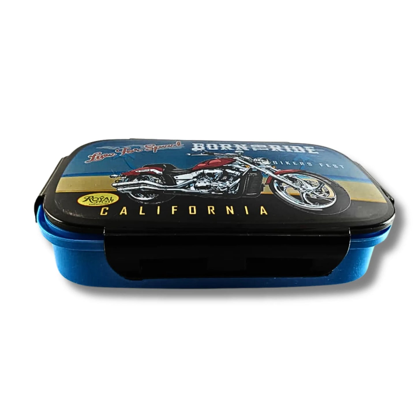 Kids Bike Theme Lunch Box with Spoon & Fork | Motorcycle Printed School Tiffin Box for Boys | Leak Resistant Lunch Box with Snack Container | Blue & Black Bento Lunch Box