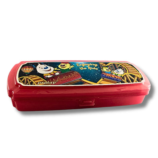 Kids Cartoon Pencil Box with Whiteboard & Marker | Plastic Multipurpose Pencil Case for School Students | Available in Red & Yellow Colors
