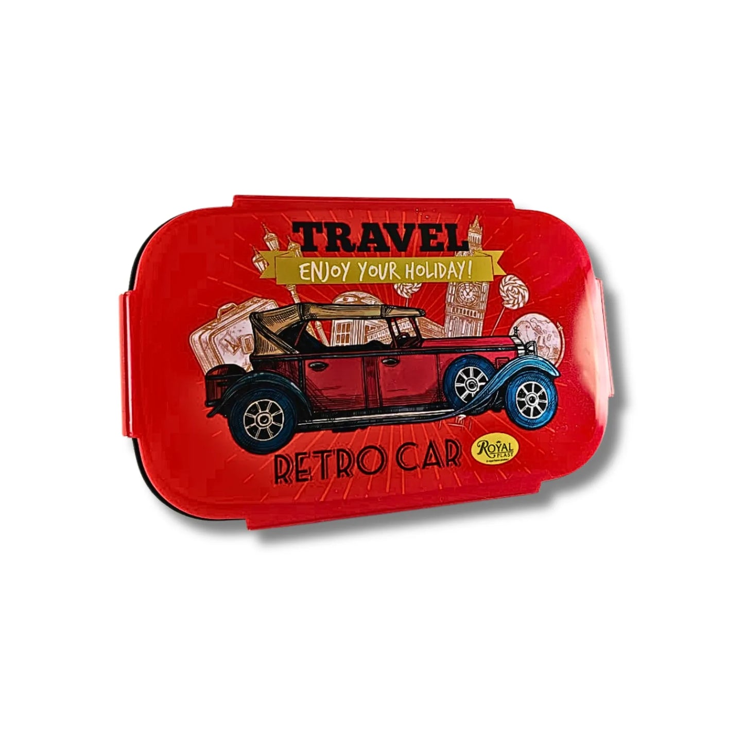 Kids Retro Car Lunch Box with Spoon & Fork | School Tiffin Box for Boys | Leak Resistant Lunch Box with Snack Container | Travel Theme Bento Box | Red & Black