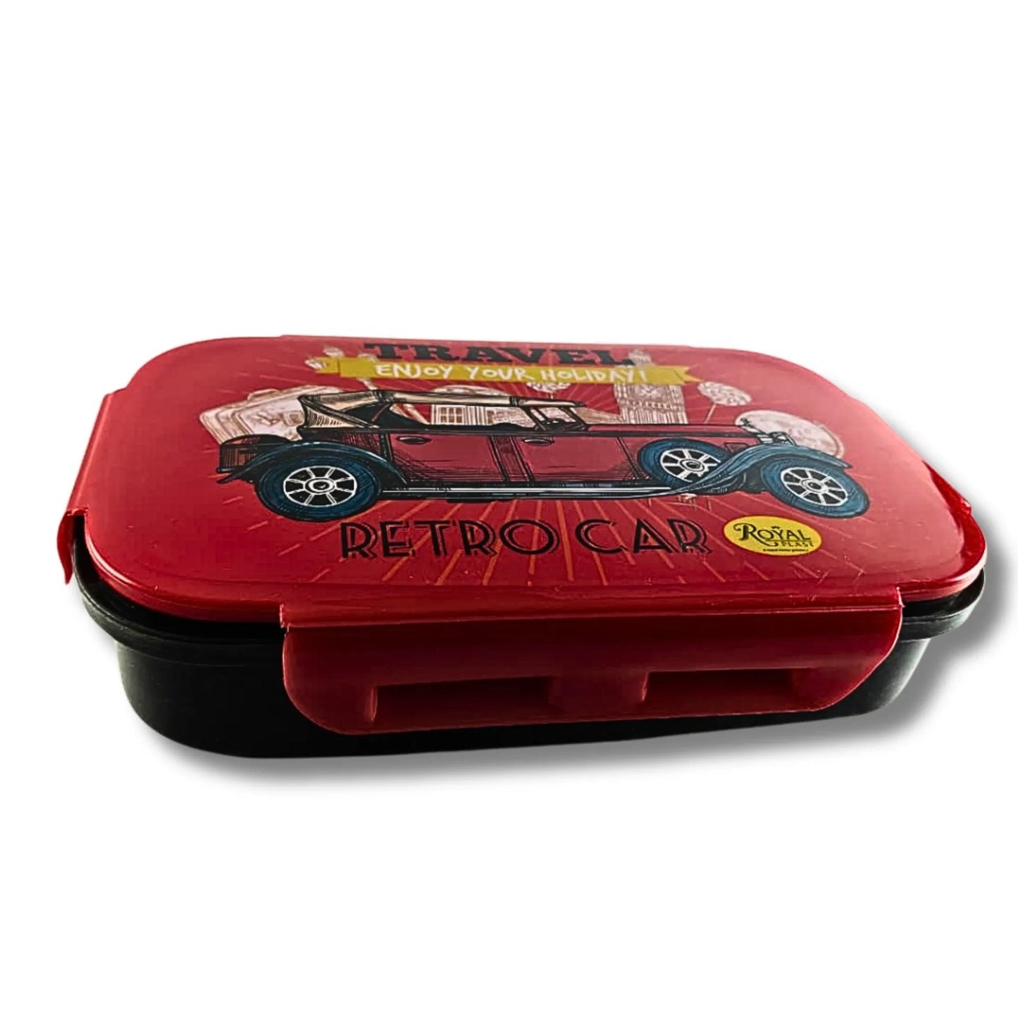 Kids Retro Car Lunch Box with Spoon & Fork | School Tiffin Box for Boys | Leak Resistant Lunch Box with Snack Container | Travel Theme Bento Box | Red & Black