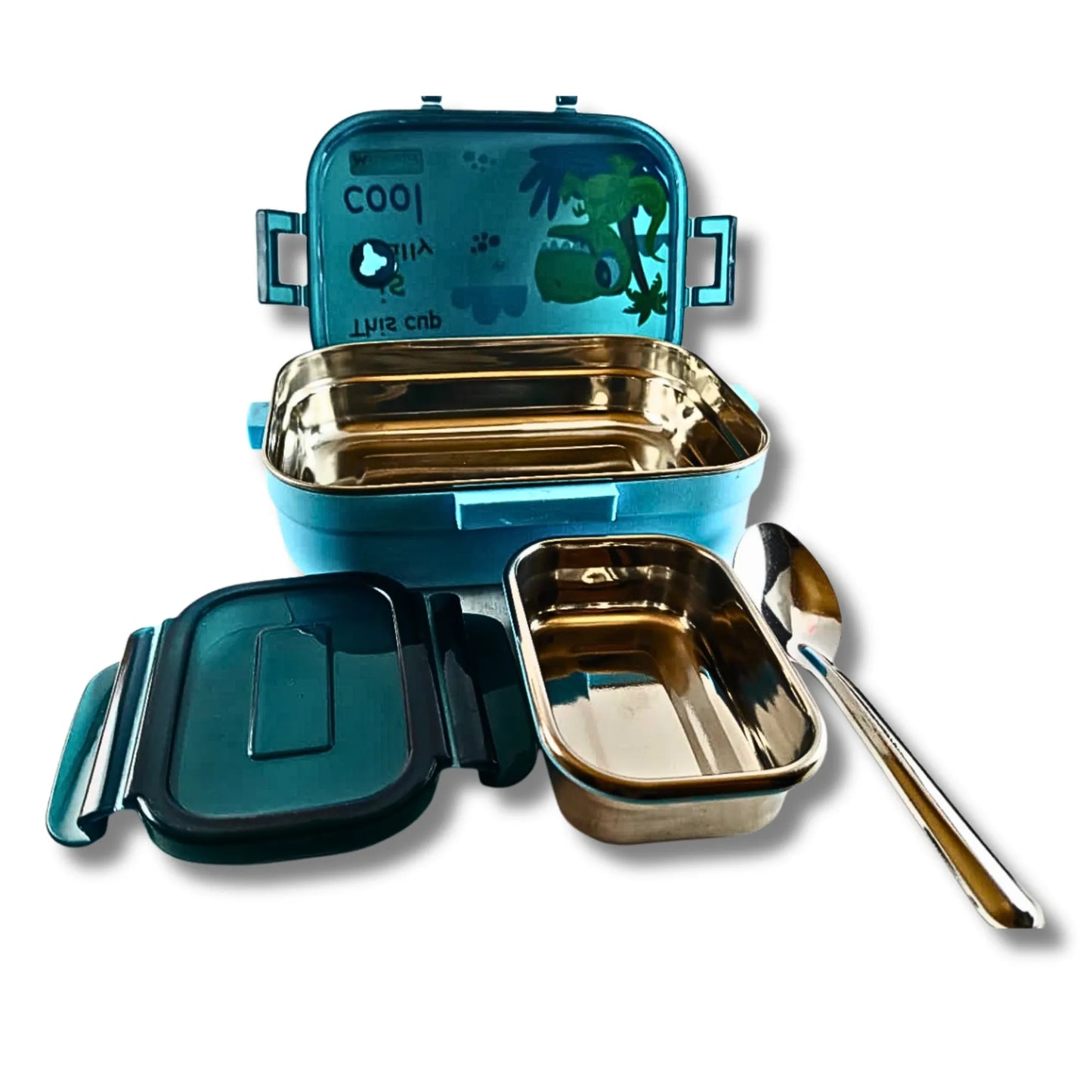 Kids Stainless Steel Lunch Box with Spoon | Cartoon Printed Leak Resistant Tiffin Box | 2 Compartment Bento Lunch Box for School Boys & Girls