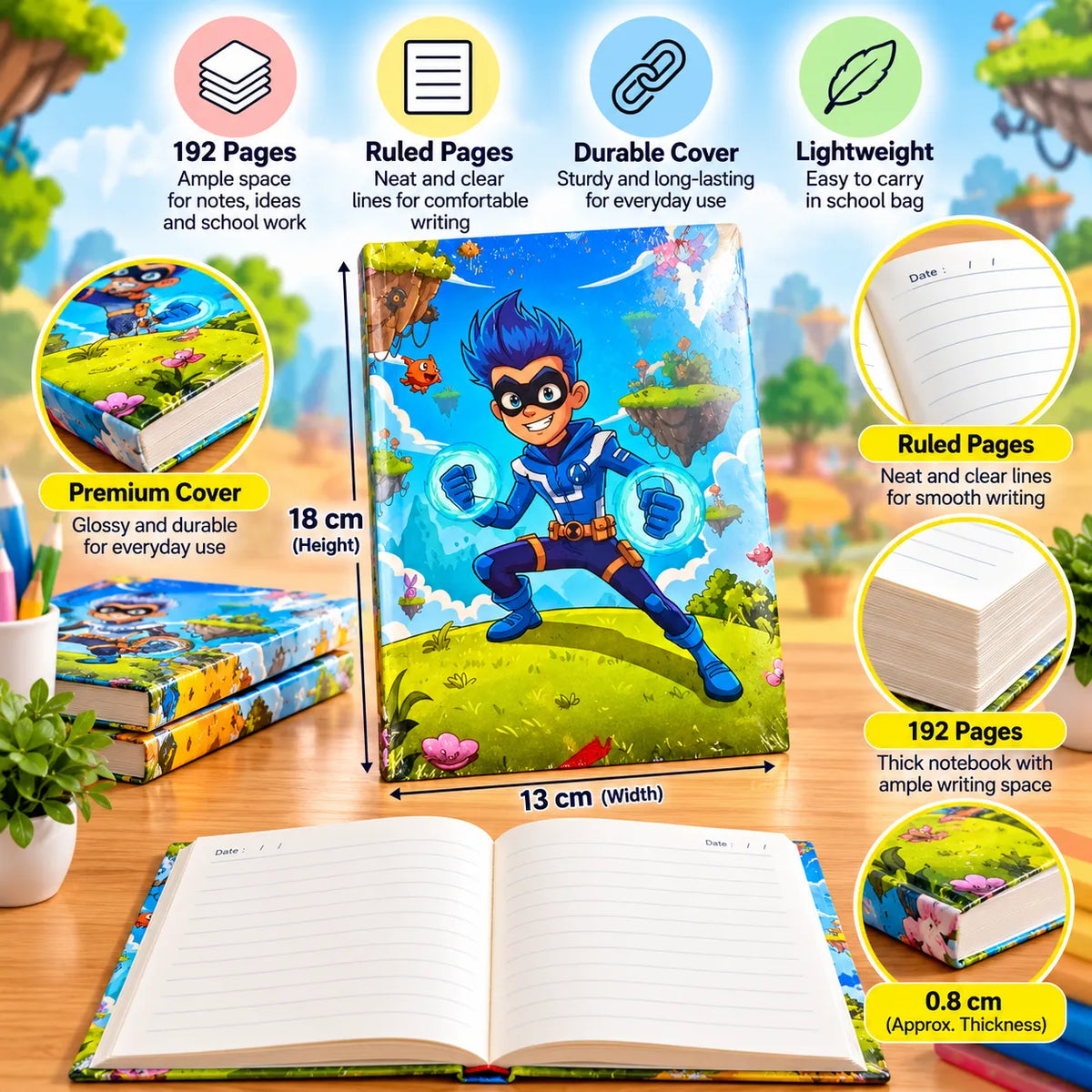 Kids Superhero Cartoon Ruled Notebook – 13 × 18 cm, 192 Pages