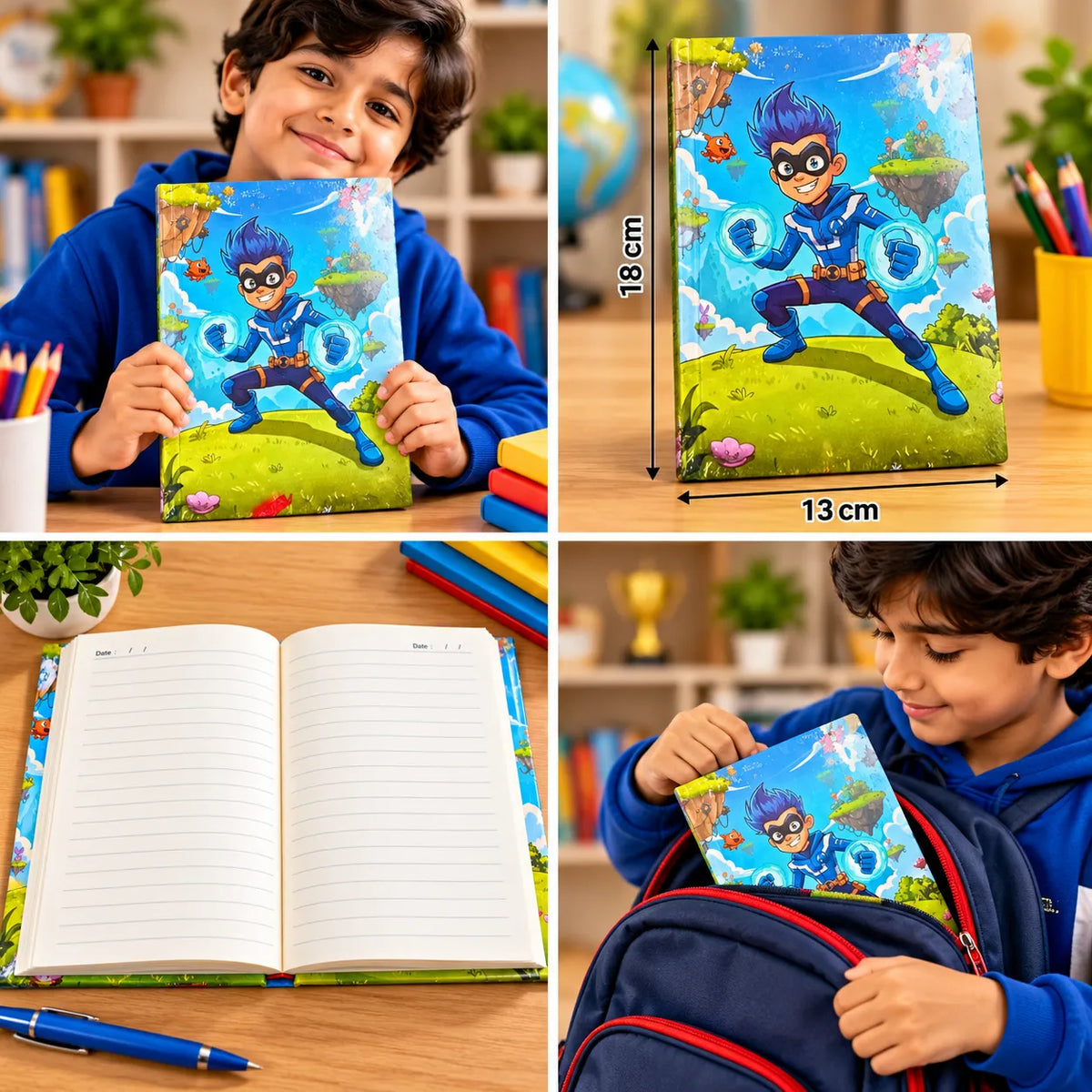 Kids Superhero Cartoon Ruled Notebook – 13 × 18 cm, 192 Pages