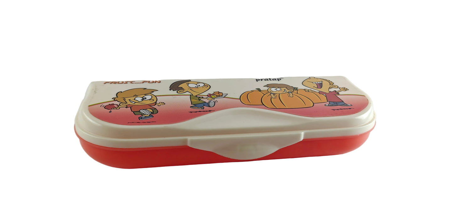 Cartoon character-themed pink and white container on a light gray background