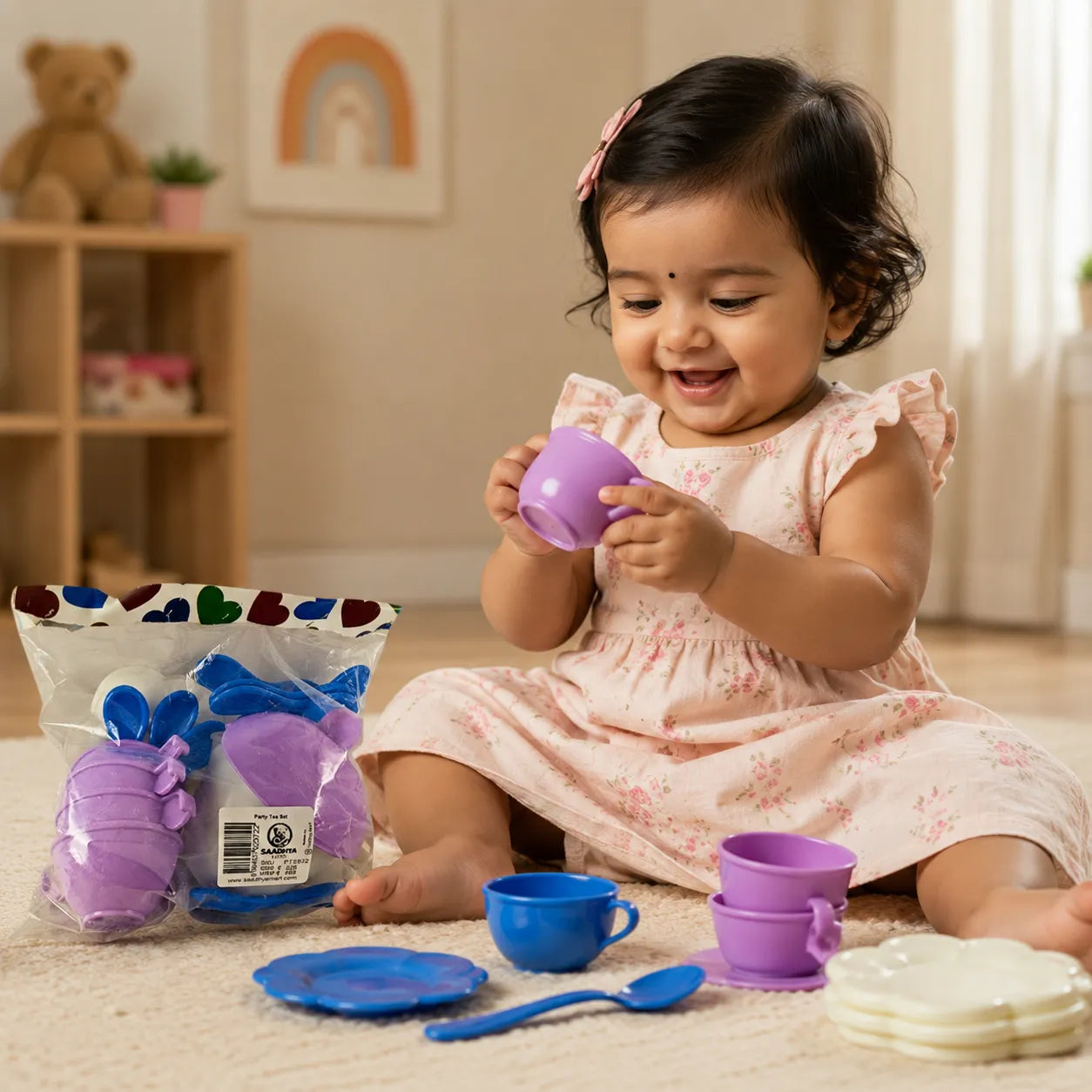 Child playing with colorful play kitchen set on a carpeted floor.