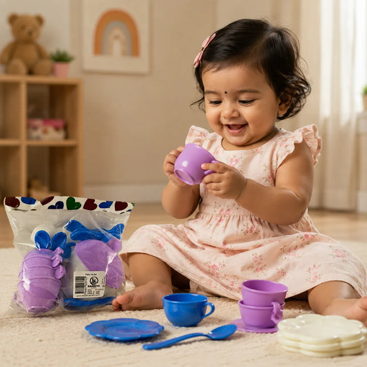 Child playing with colorful play kitchen set on a carpeted floor.