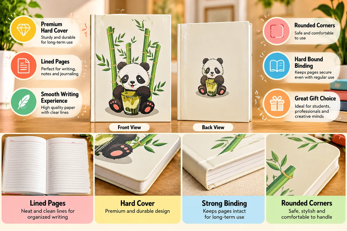 Lazy Panda Hard Cover Ruled Notebook 13×18 cm | Cute Panda Diary
