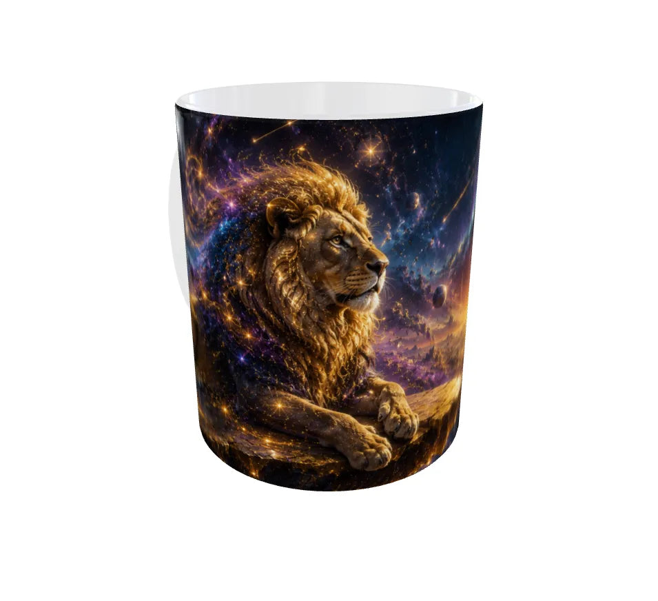 Tumbler with a lion design on a space-themed background