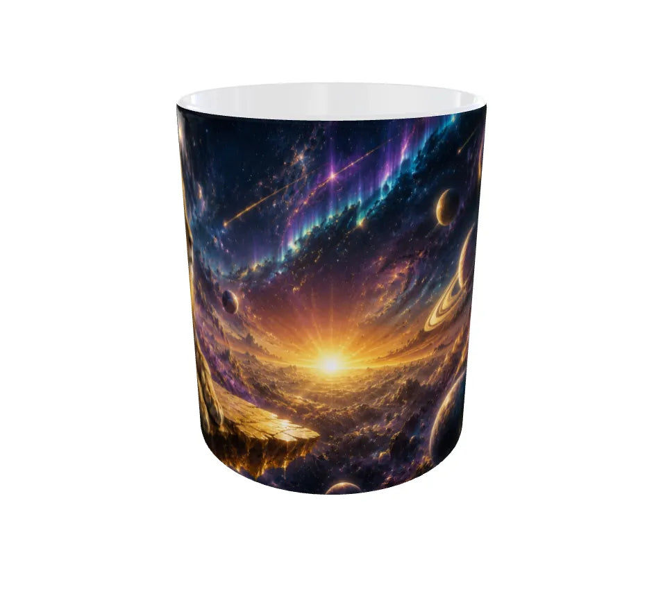 Tumbler with space-themed design on a white background