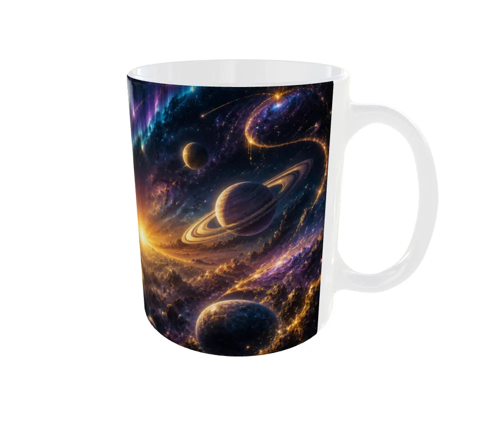 Mug with a space-themed design featuring planets and stars on a white background