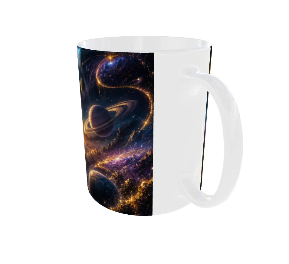 Mug with a space-themed design featuring planets and stars on a white background