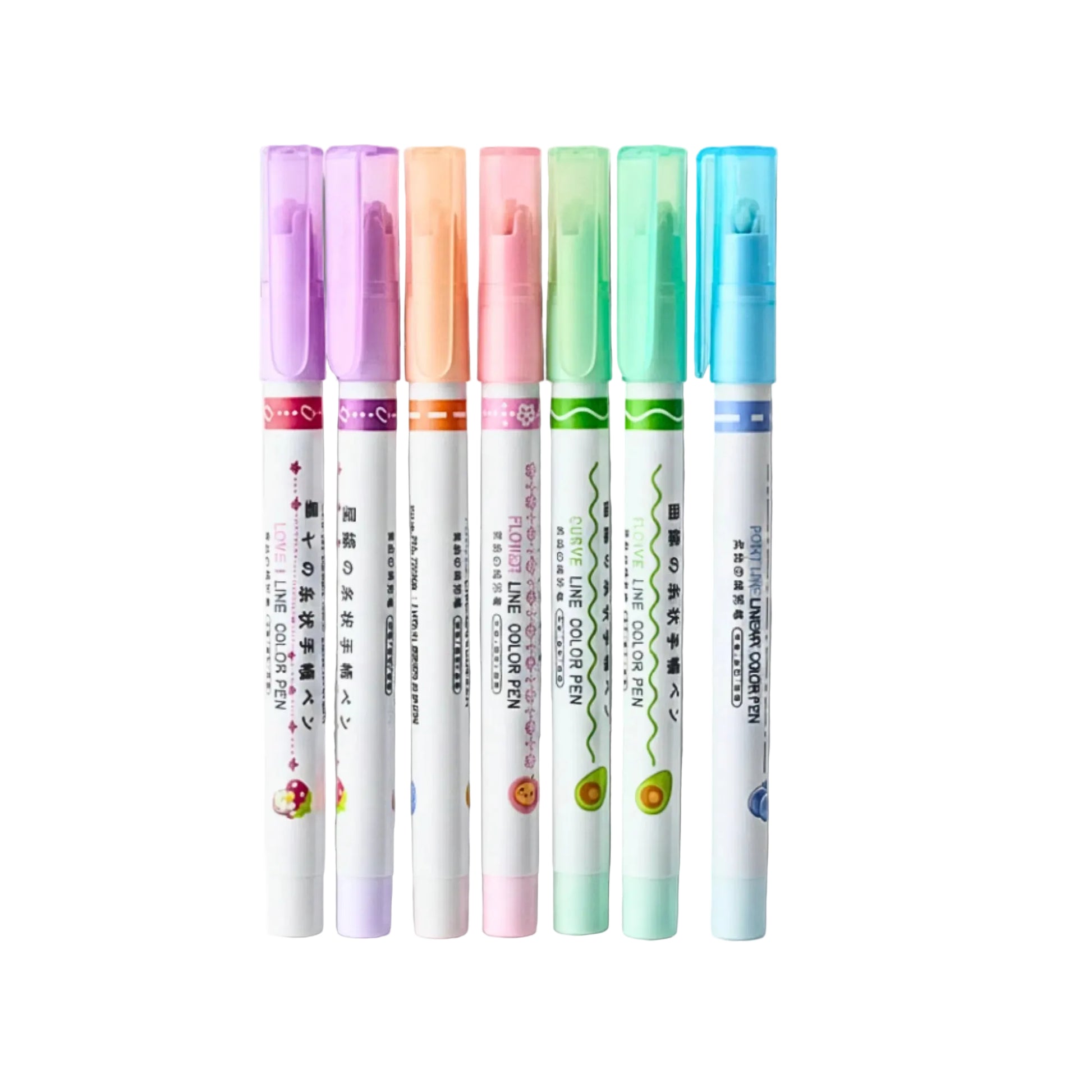 Set of six colorful markers on a white background