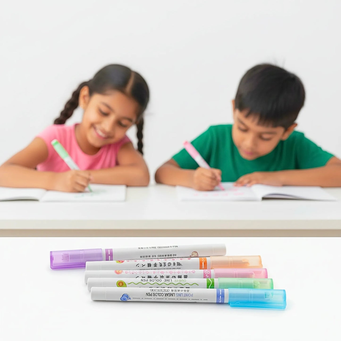 Two children sitting at a table with writing materials, including colorful markers.