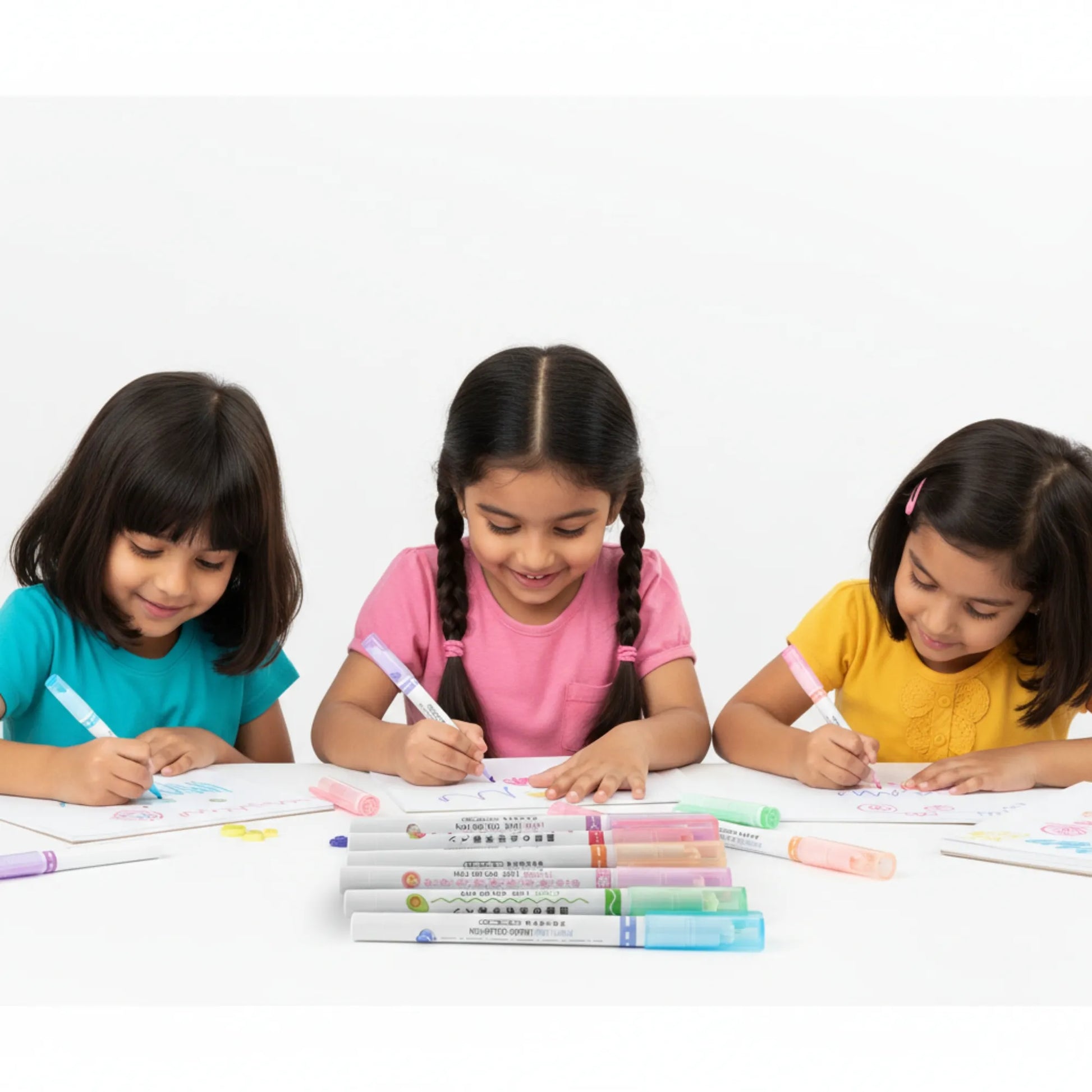 Three children sitting at a table with colorful markers on a white background