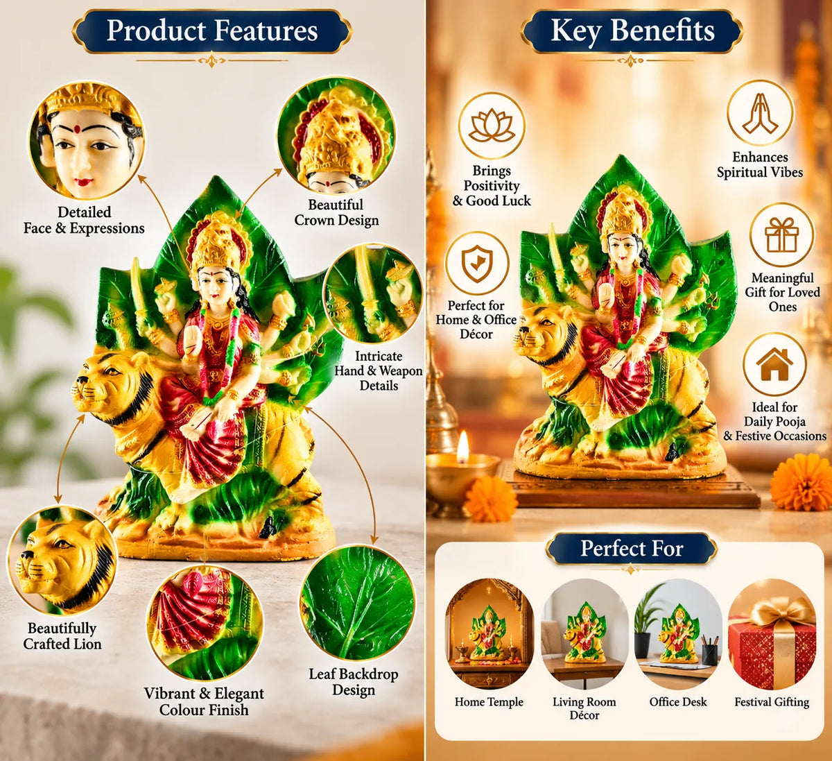 A decorative Durga Idol shown on a lion with a green leaf backdrop, presented on a branded infographic layout with text sections titled Product Features and Key Benefits, plus smaller usage suggestions at the bottom.