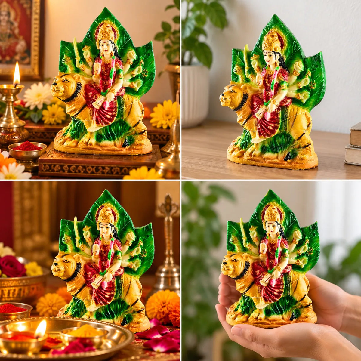 A four-panel collage showing a small decorative statue of a multi-armed goddess seated on a lion, with one panel showing the statue alone and three panels showing it in a home setting or being held in a hand.