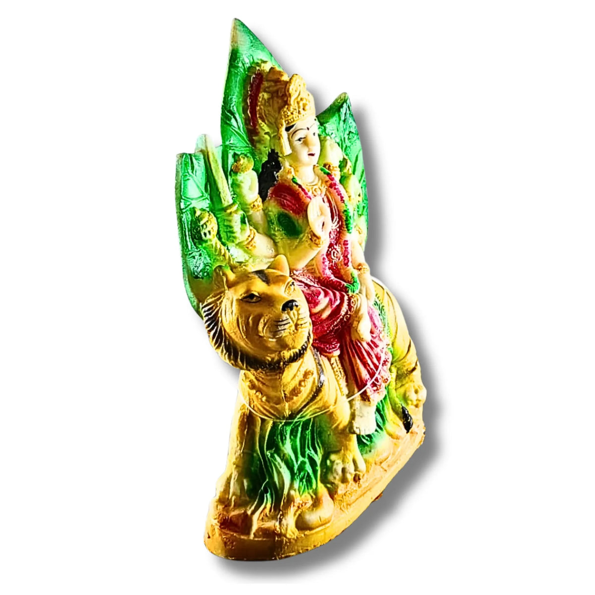 MaaDurgaIdolonLionwithGreenLeafBackdrop