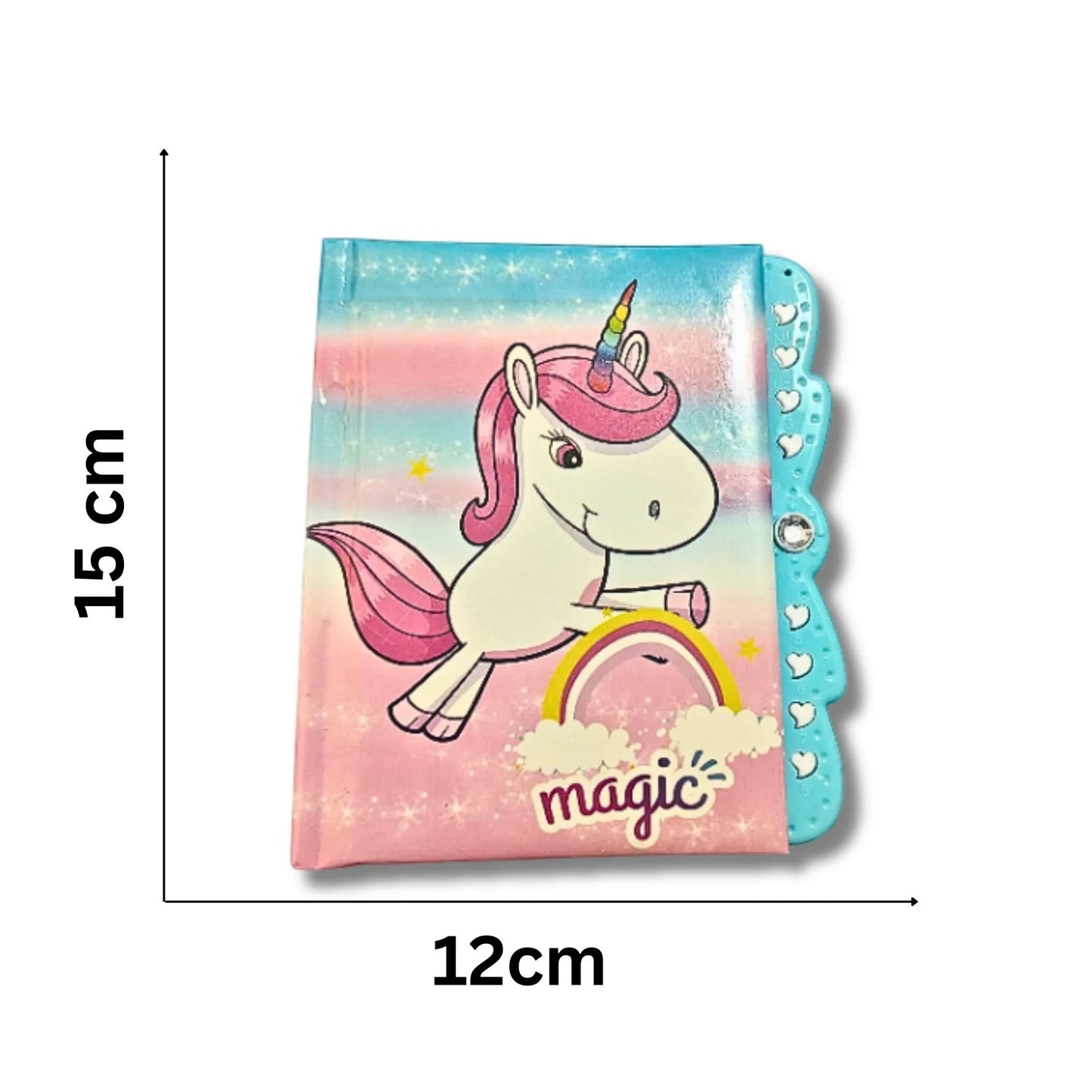 A small notebook or wallet with a colorful unicorn illustration, shown with dimension lines indicating 15 cm height and 12 cm width on a white background.