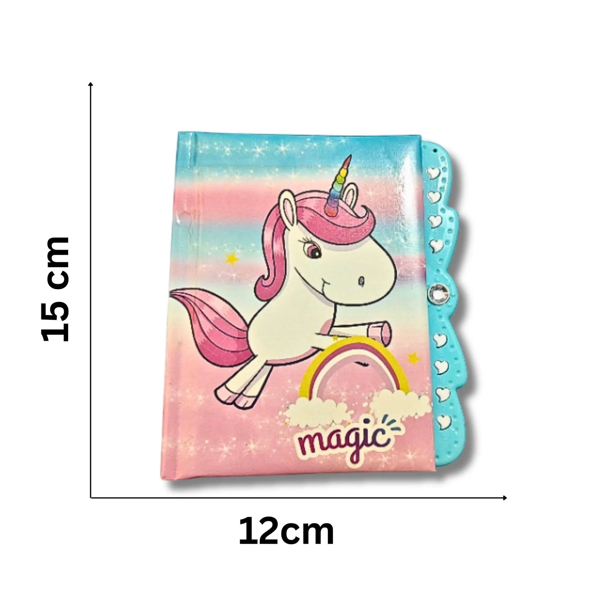 A small notebook or wallet with a colorful unicorn illustration, shown with dimension lines indicating 15 cm height and 12 cm width on a white background.