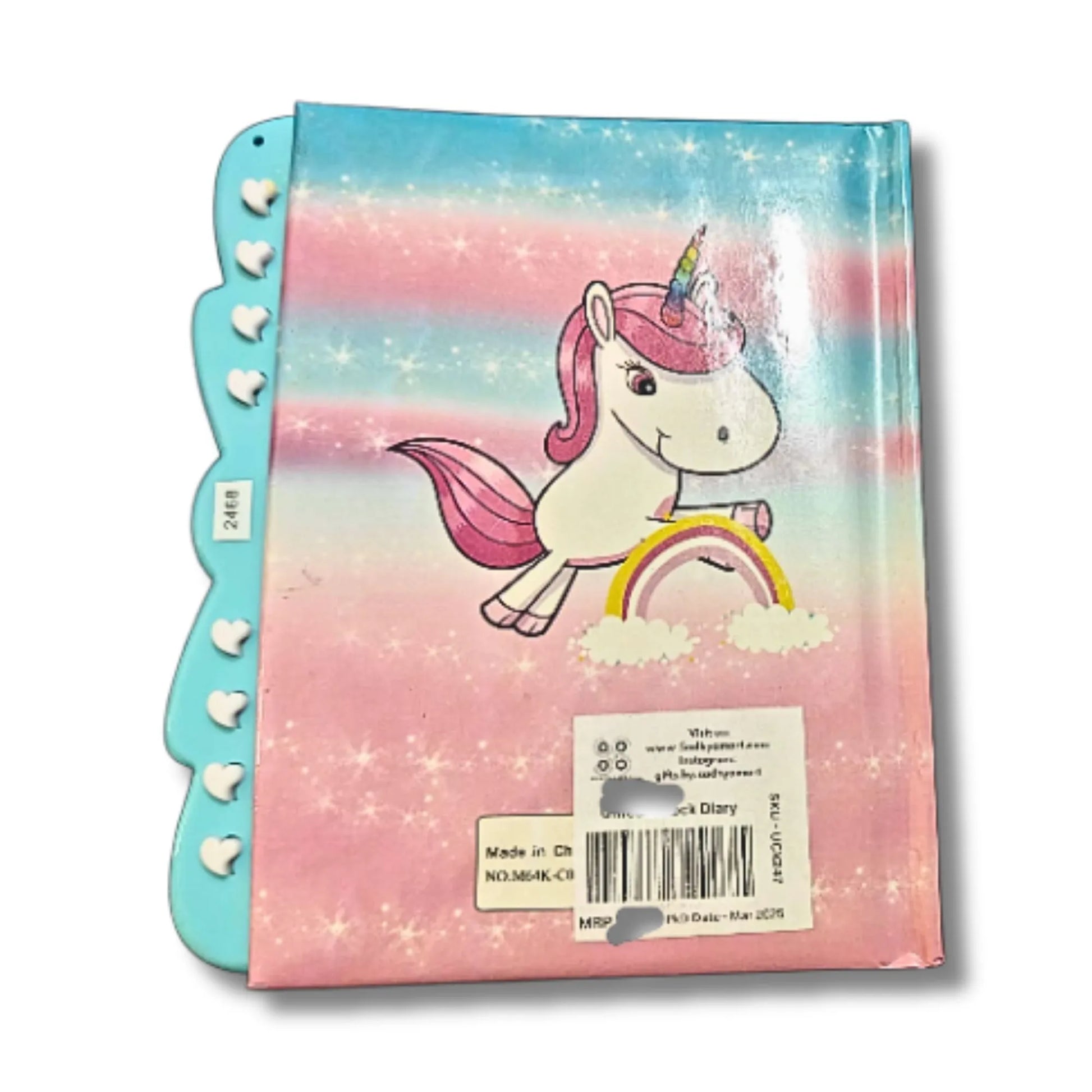 Back of Magic Unicorn Lock Diary showing unicorn artwork and product details
