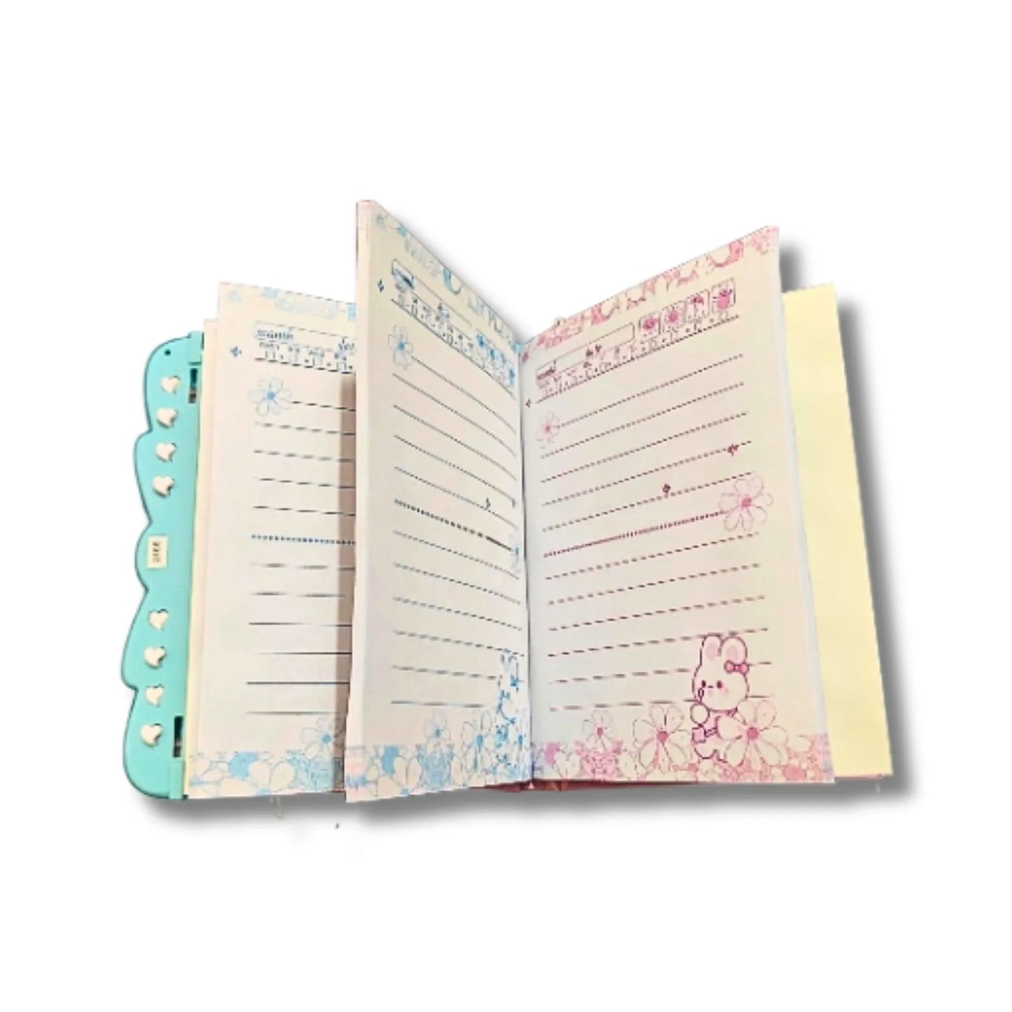 A pastel-colored notebook or journal shown open, with lined writing pages decorated with blue and pink floral and bunny illustrations. The cover edge is light aqua with small heart details, and a cream page is visible on the right.