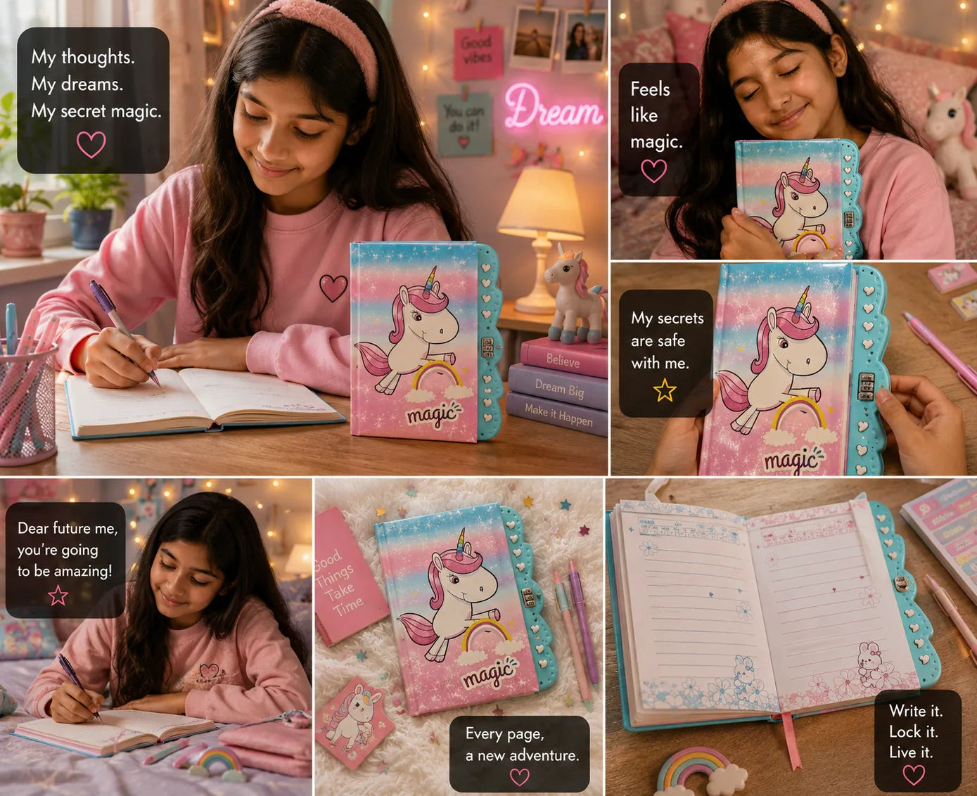 Magic Unicorn Lock Diary 12 × 15 cm with Key