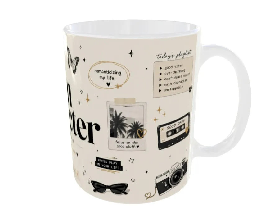 Right-side artwork showing playlist graphic, retro cassette, vintage camera, and aesthetic illustrations.