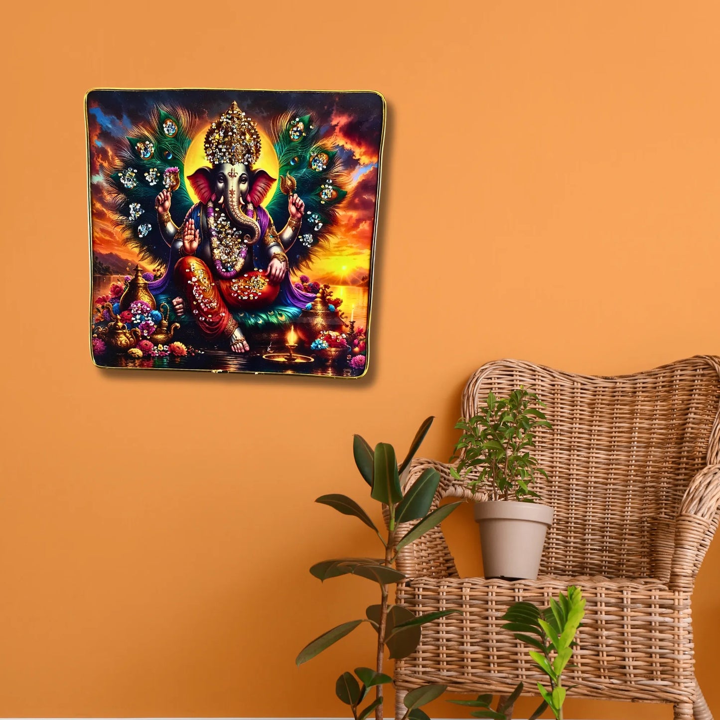 Set of 2 Lord Ganesha 3D Wall Art - Premium Spiritual Home Decor with Crystal & Glitter Work