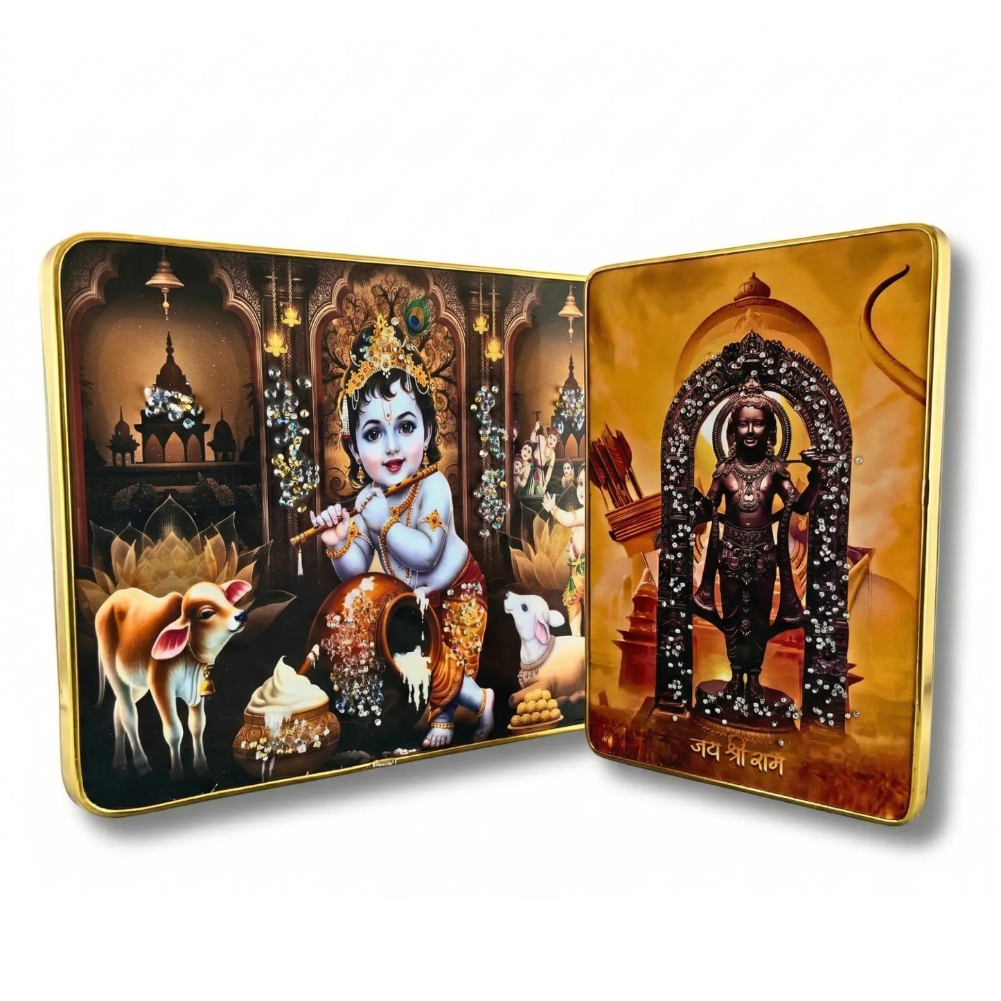 Makhan Chor Krishna & Jai Shree Ram Wall Frame Set of 2 | Hindu God Frames for Home, Mandir & Gift