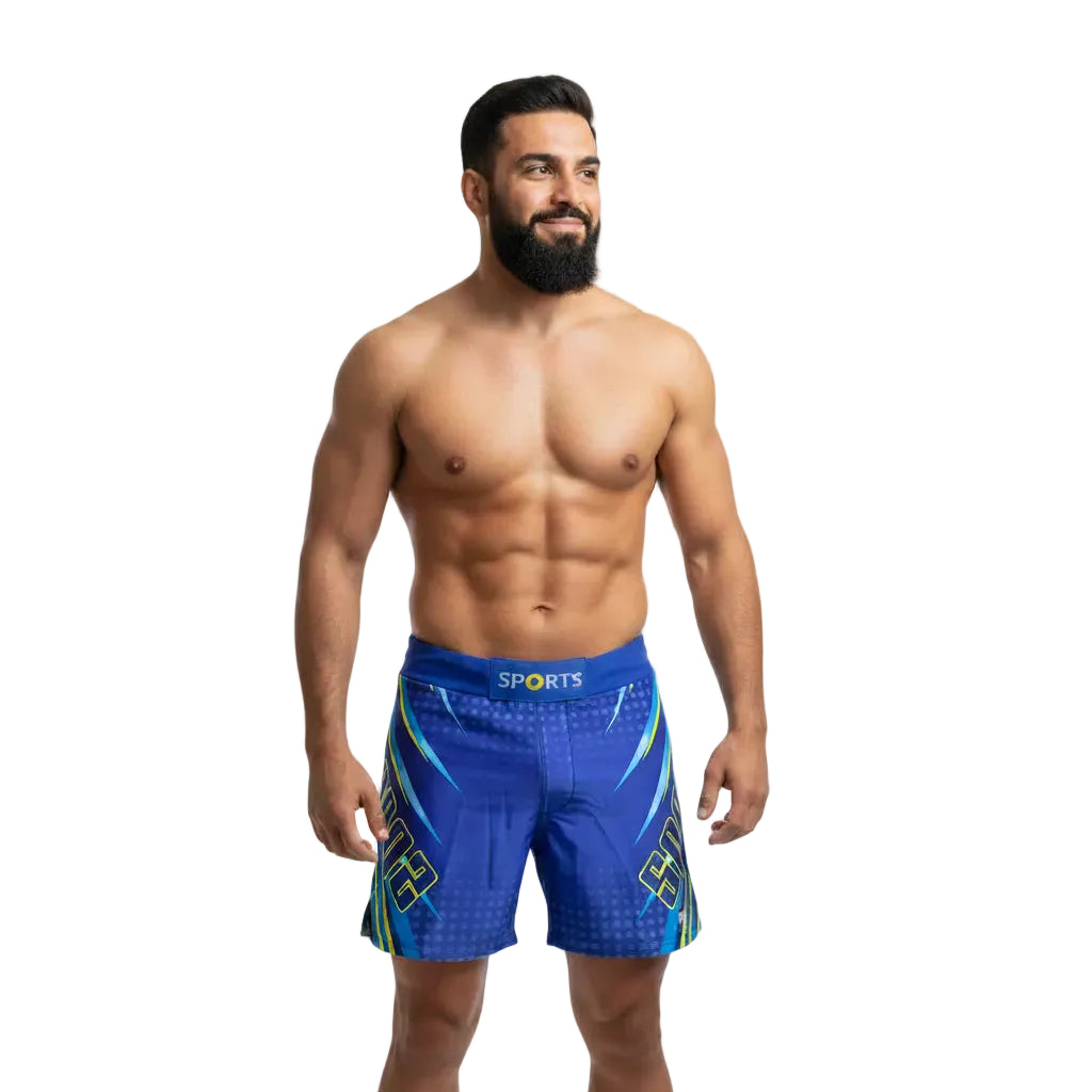 Man wearing blue athletic shorts with a logo on a white background