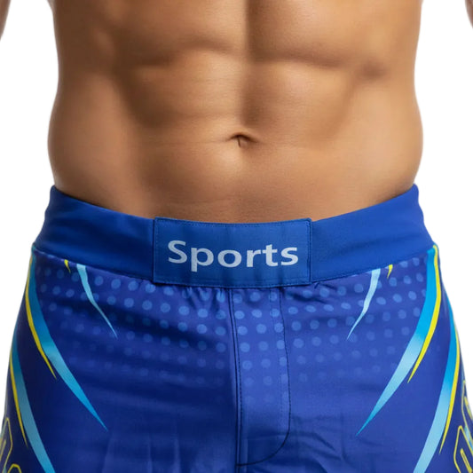 Blue swim shorts with a visible brand logo on a white background